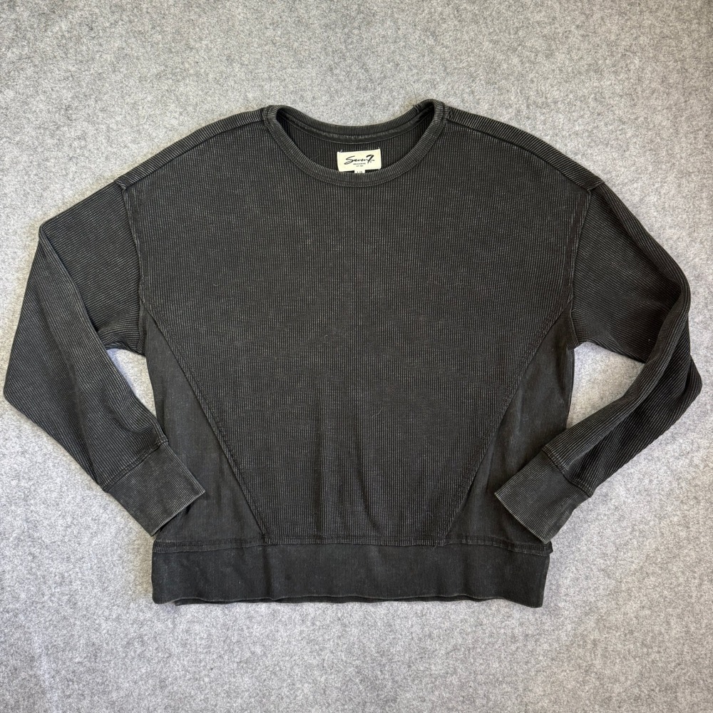 Seven7 Mens Waffle Knit Thermal Pullover Large Black Acid Wash Cotton Blend